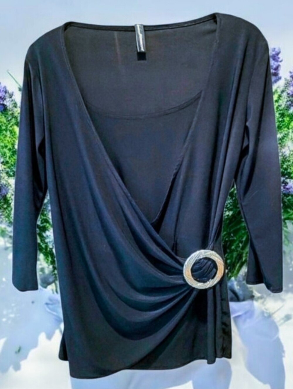 JasonMaxwell Figure Flattering Rich Black Faux Wrap Top Decrotive Silver Accent